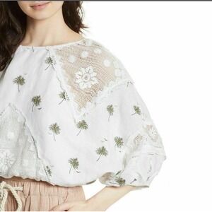 Free People White Carolina‎ Mindset Lace Embroidered Linen Cotton Blouse Top S